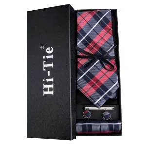 Classic Campus Style Blue Red Plaid Men's Tie Pocket Square Cufflinks Gift Box Set