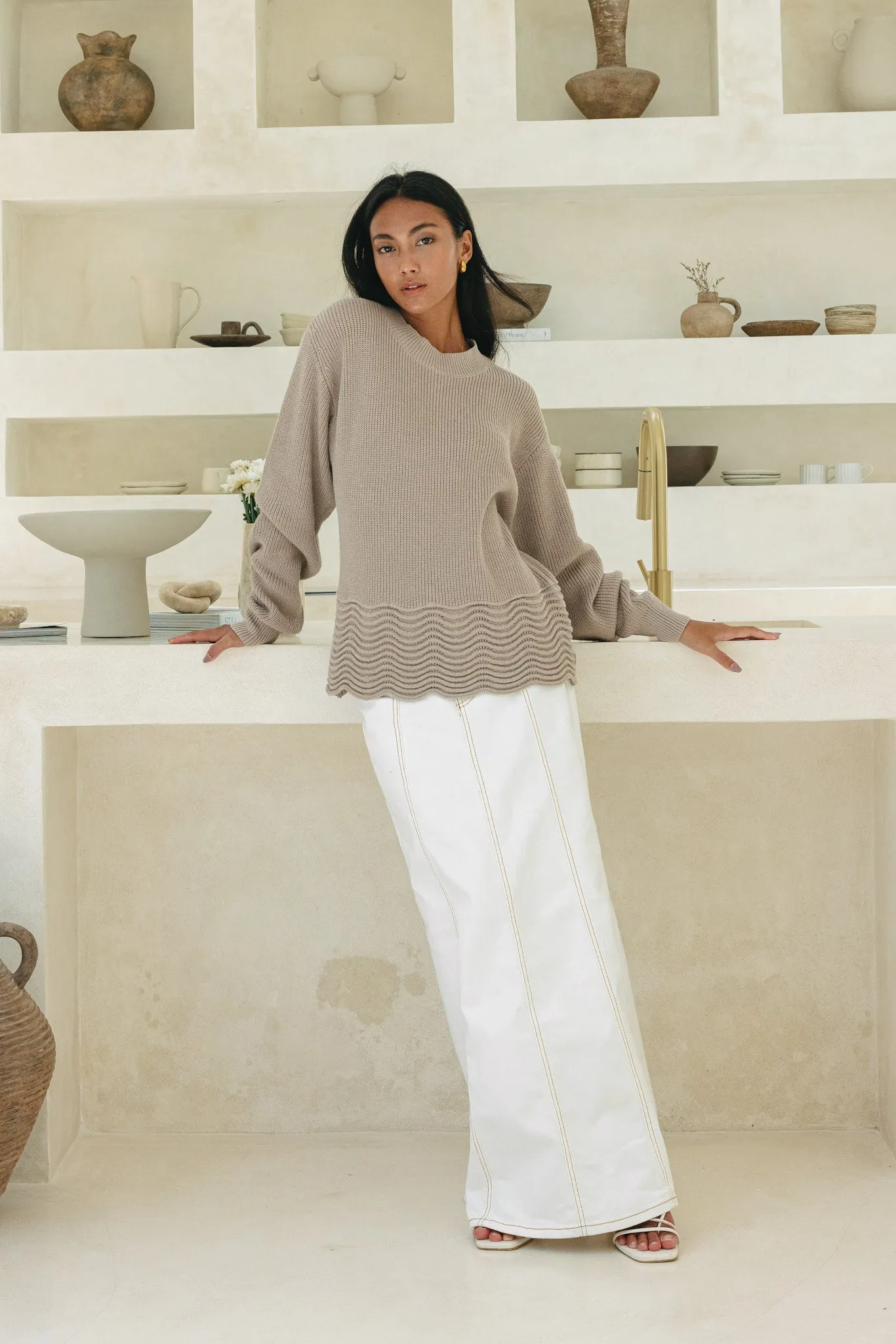 Claudia Beige Scallop Hem Knit Sweater