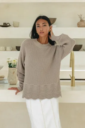 Claudia Beige Scallop Hem Knit Sweater