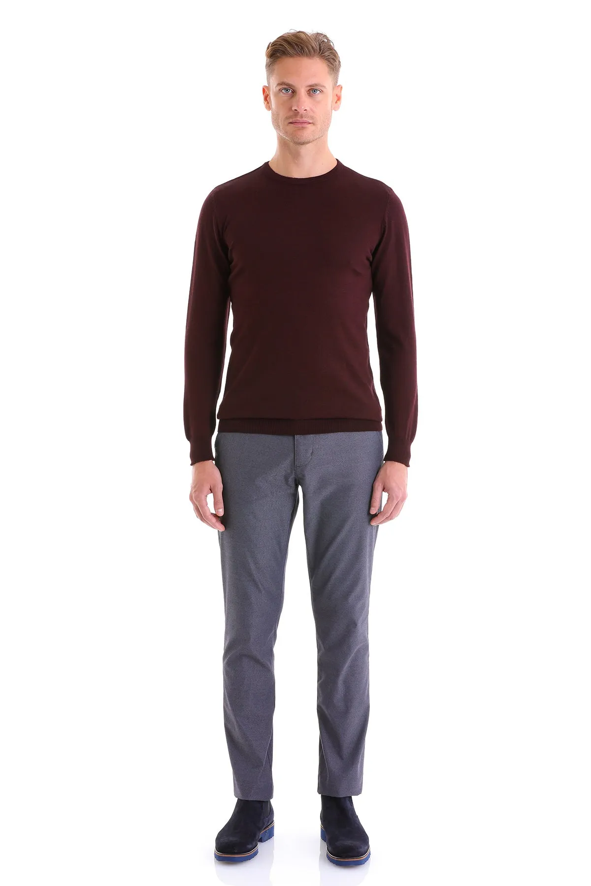 Comfort Fit Burgundy Wool Blend Crew Neck Sweater