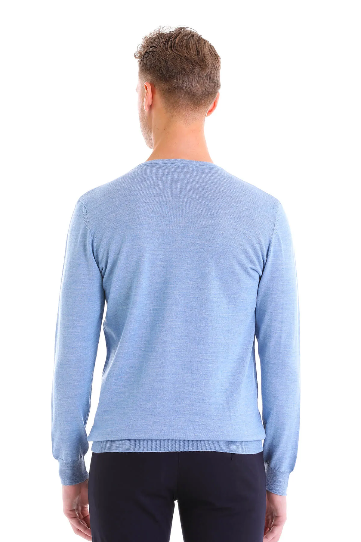 Comfort Fit Wool Blend Blue Crewneck Sweater