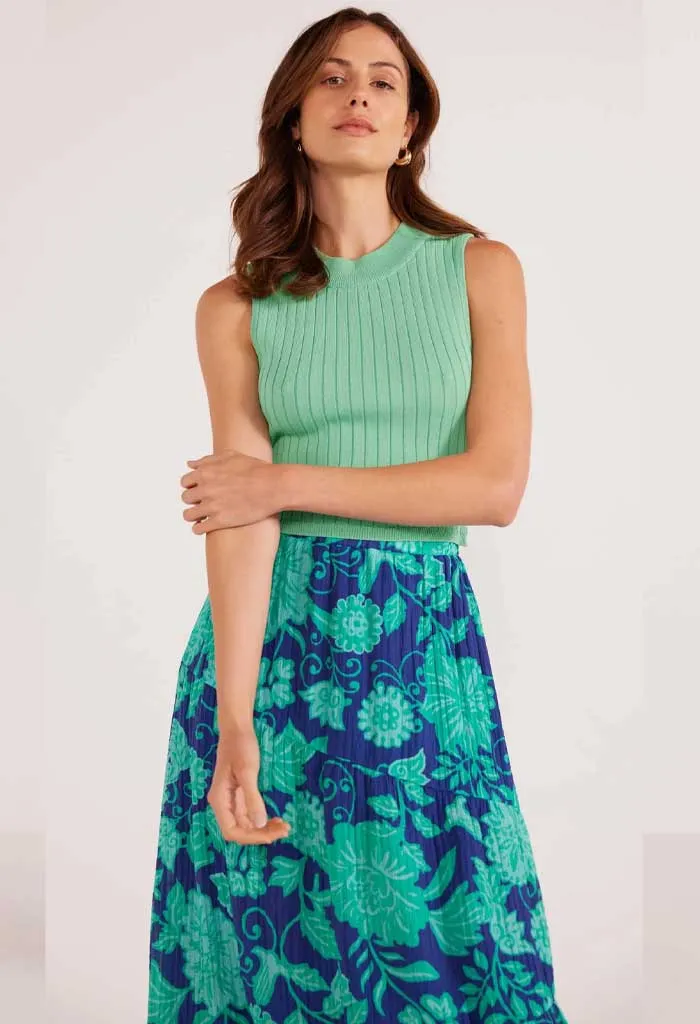 Connie Tiered Midi Skirt-Mint/Navy Floral