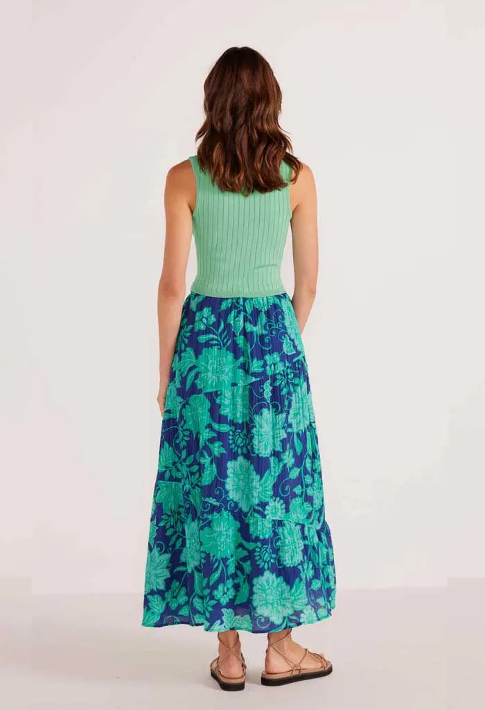 Connie Tiered Midi Skirt-Mint/Navy Floral