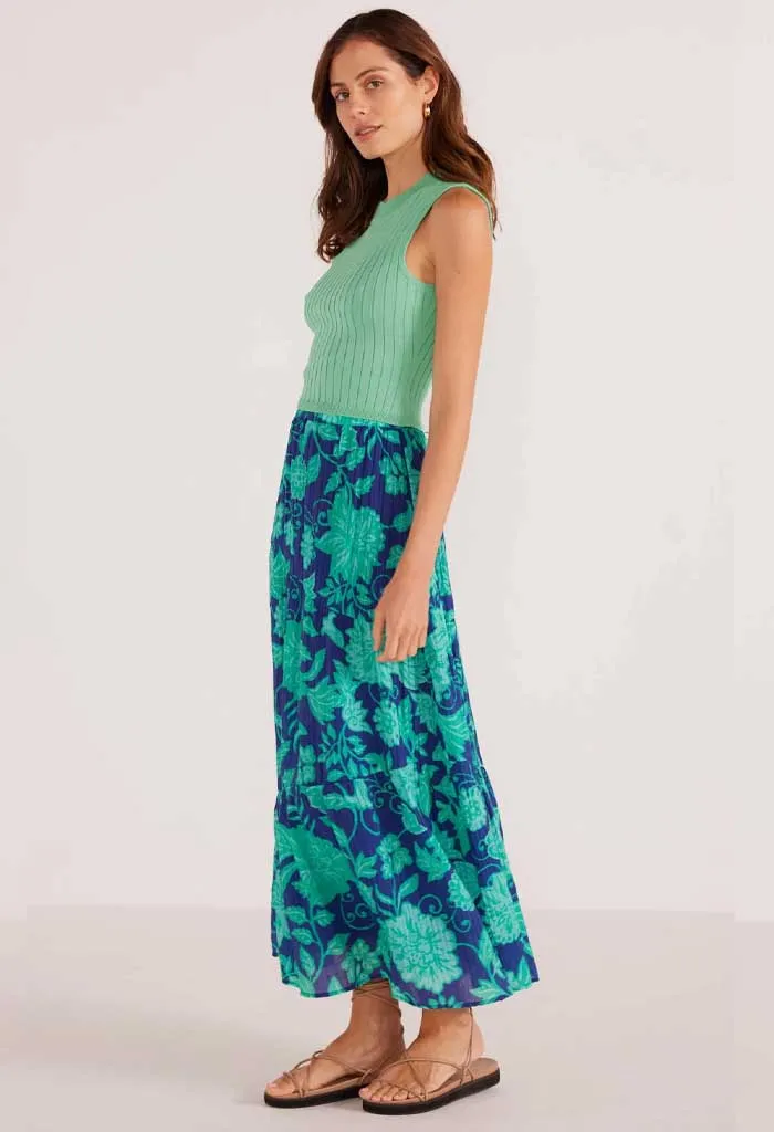 Connie Tiered Midi Skirt-Mint/Navy Floral