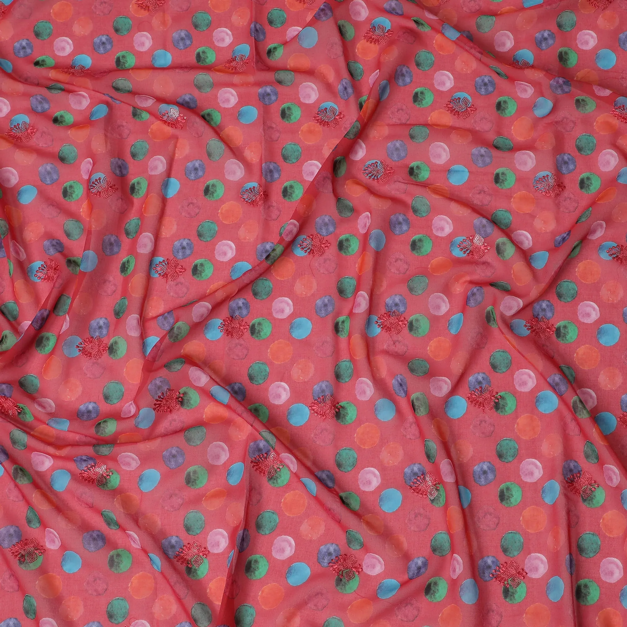 Coral Premium Cotton Voile Fabric with Multicolored Polka Dots - Traditional Thobe Material, 140 cm Wide-D20223