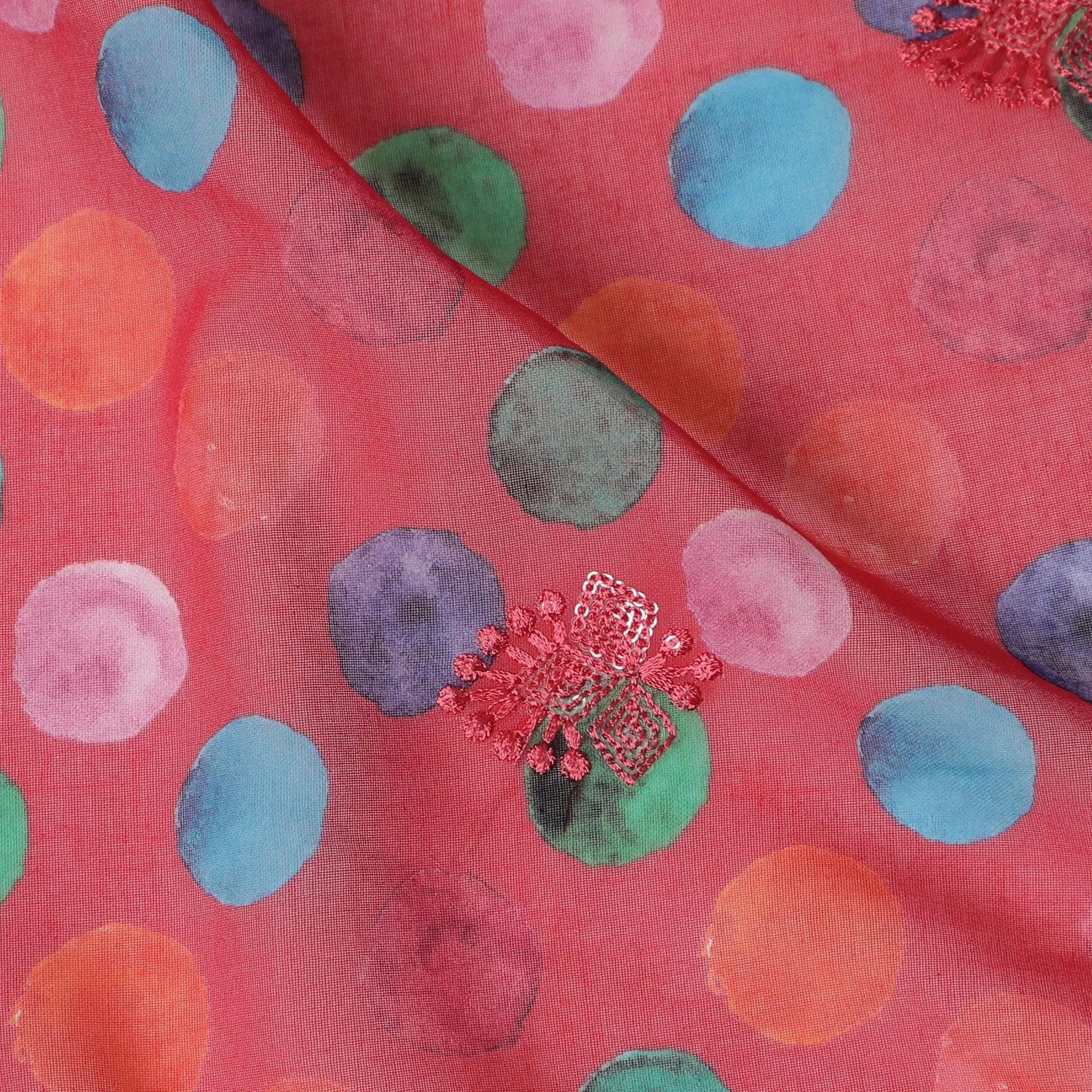 Coral Premium Cotton Voile Fabric with Multicolored Polka Dots - Traditional Thobe Material, 140 cm Wide-D20223