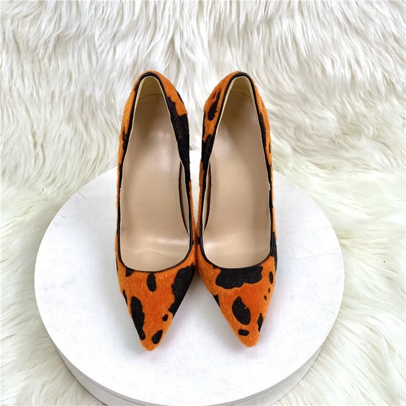 Cow Print Hairy Flock Stiletto Pumps in Orange