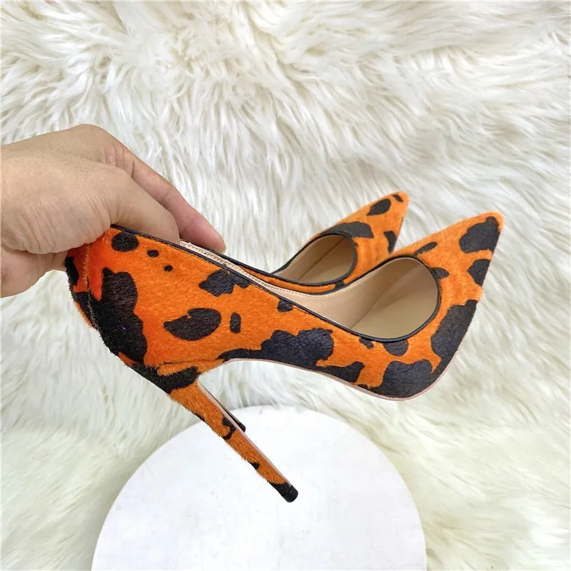 Cow Print Hairy Flock Stiletto Pumps in Orange