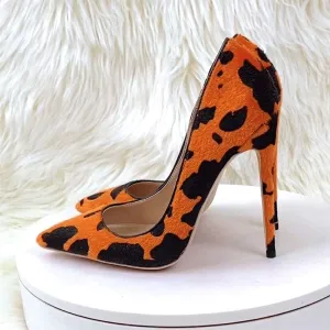 Cow Print Hairy Flock Stiletto Pumps in Orange