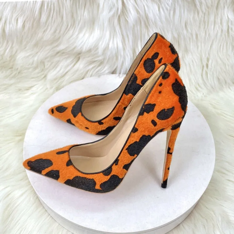 Cow Print Hairy Flock Stiletto Pumps in Orange