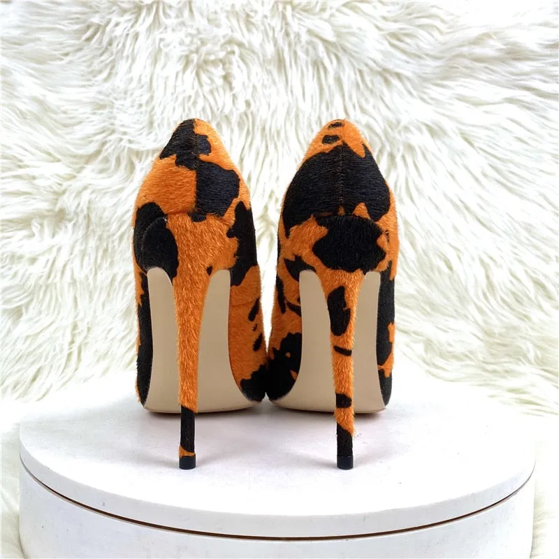 Cow Print Hairy Flock Stiletto Pumps in Orange