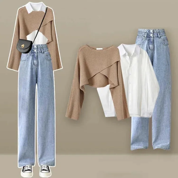 Cross Knit Sweater Shirt Denim Pants Three Piece Set