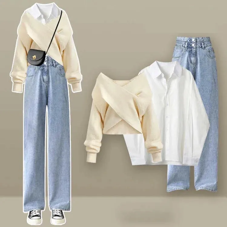 Cross Knit Sweater Shirt Denim Pants Three Piece Set