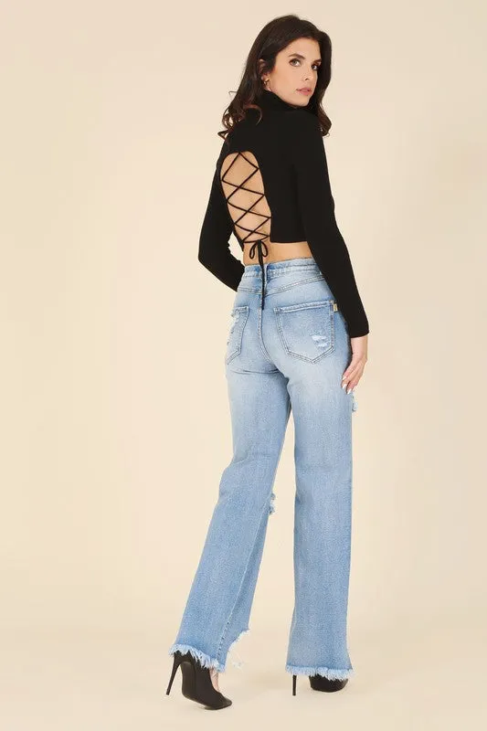 Cross Me Crop Sweater | lace-up open back top