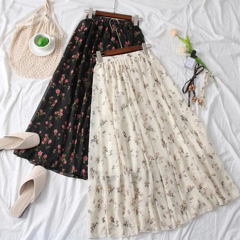 Dainty Spring Floral Print Elastic High Waist Maxi Skirts