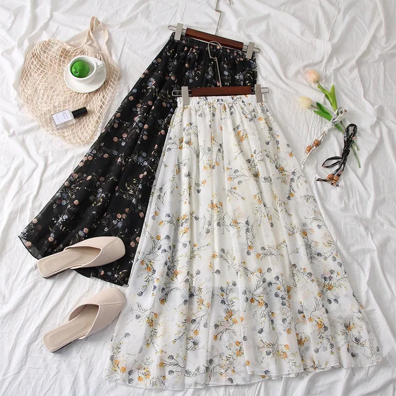 Dainty Spring Floral Print Elastic High Waist Maxi Skirts