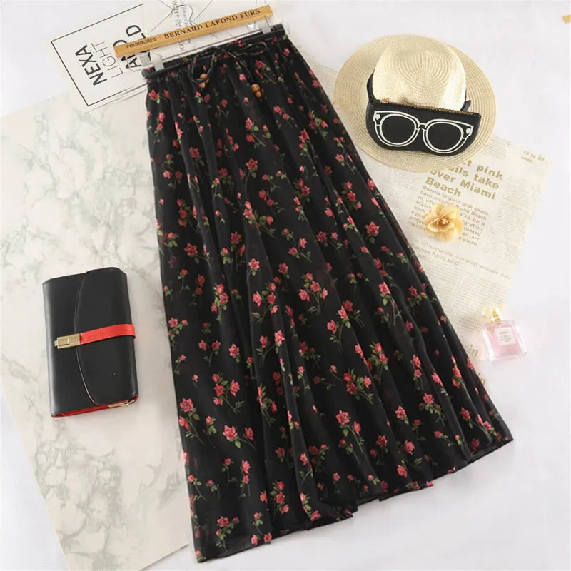 Dainty Spring Floral Print Elastic High Waist Maxi Skirts