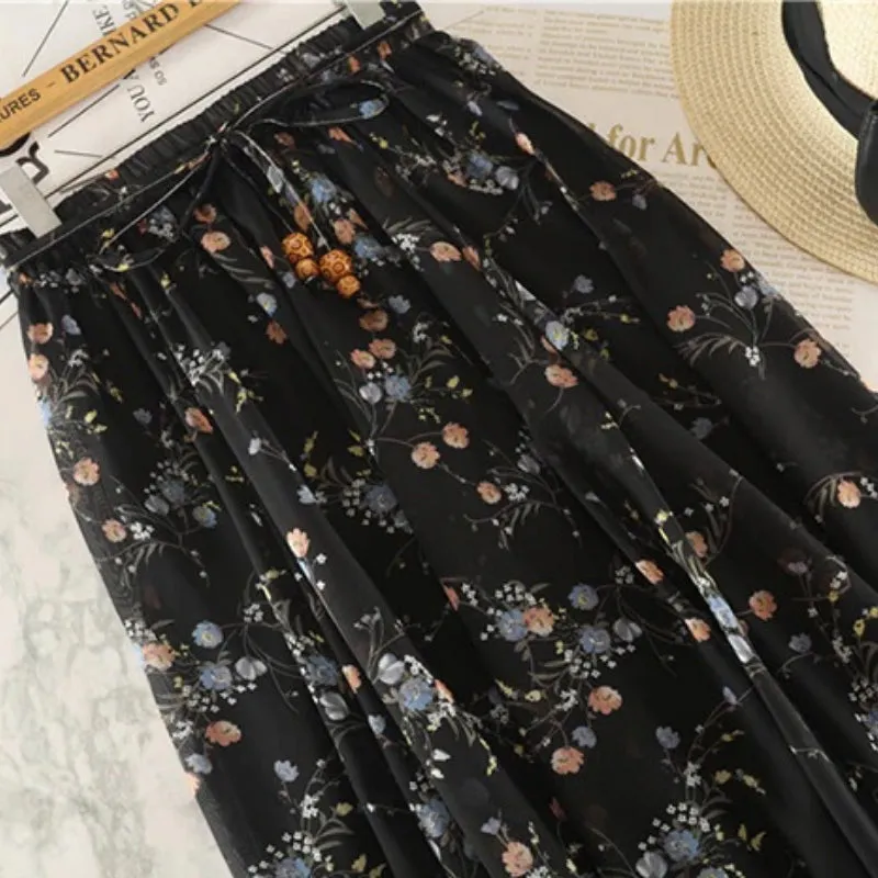 Dainty Spring Floral Print Elastic High Waist Maxi Skirts