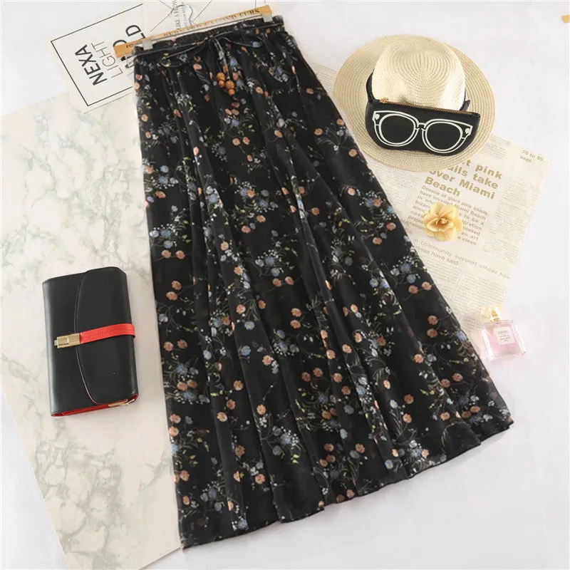 Dainty Spring Floral Print Elastic High Waist Maxi Skirts