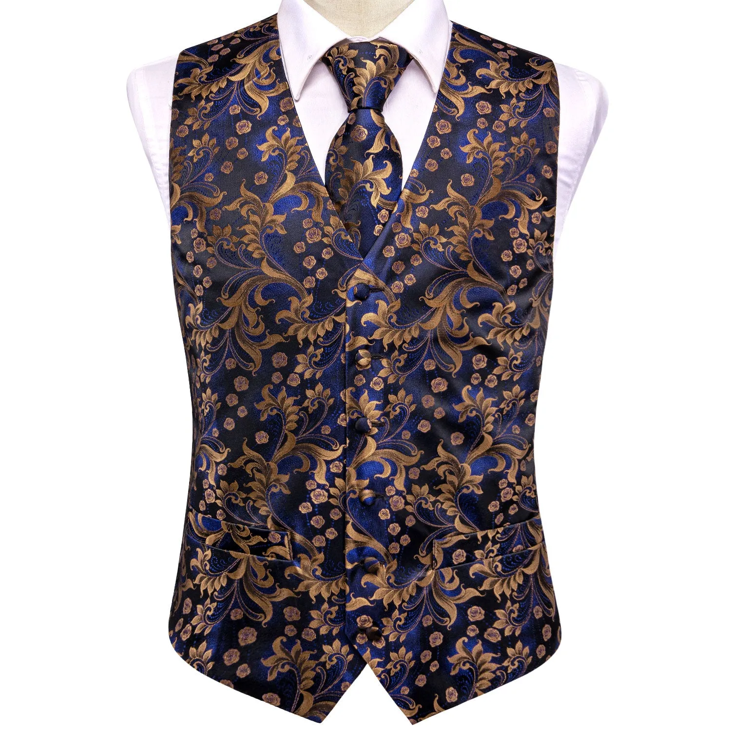 Dark Blue Golden Paisley Silk Men's Vest Hanky Cufflinks Tie Set Waistcoat Suit Set