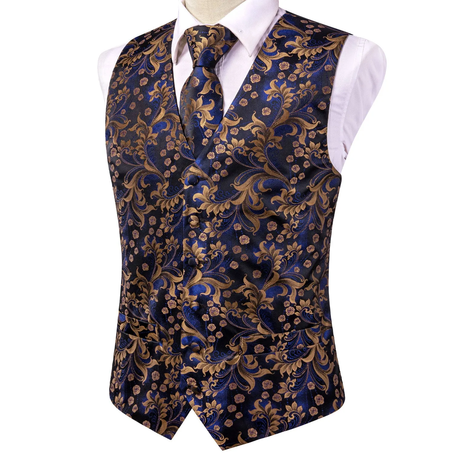 Dark Blue Golden Paisley Silk Men's Vest Hanky Cufflinks Tie Set Waistcoat Suit Set