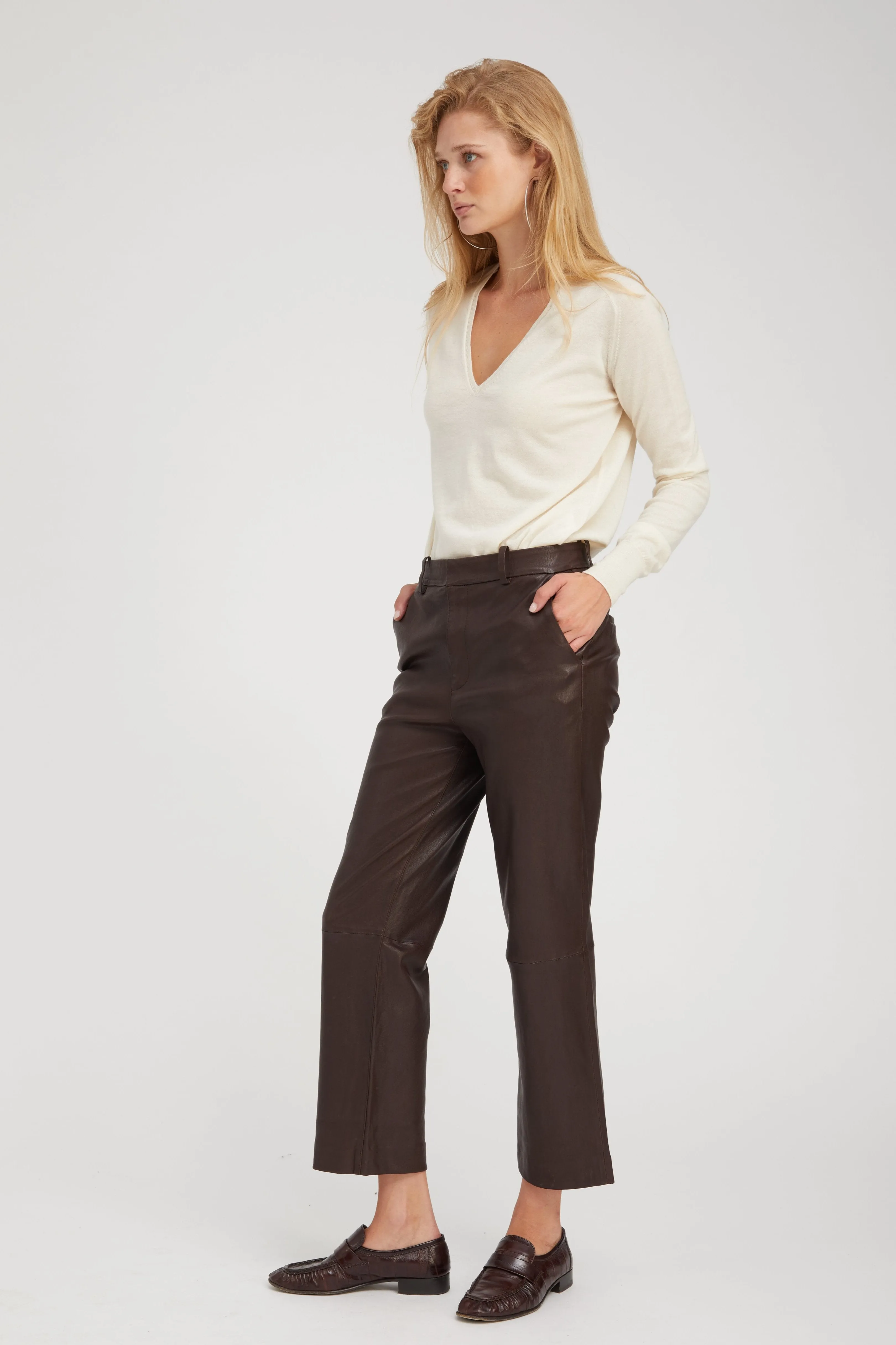 Dark Chocolate Leather Cropped Trousers