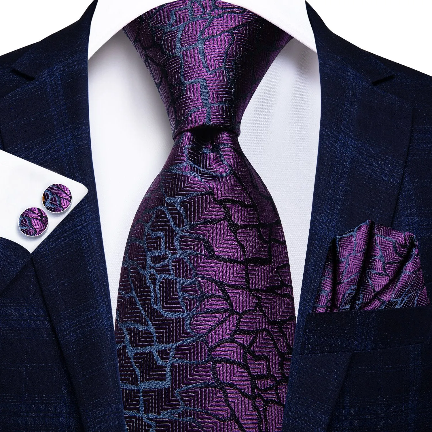 Dark Purple Black Plaid Tie Handkerchief Cufflinks Set with Wedding Brooch