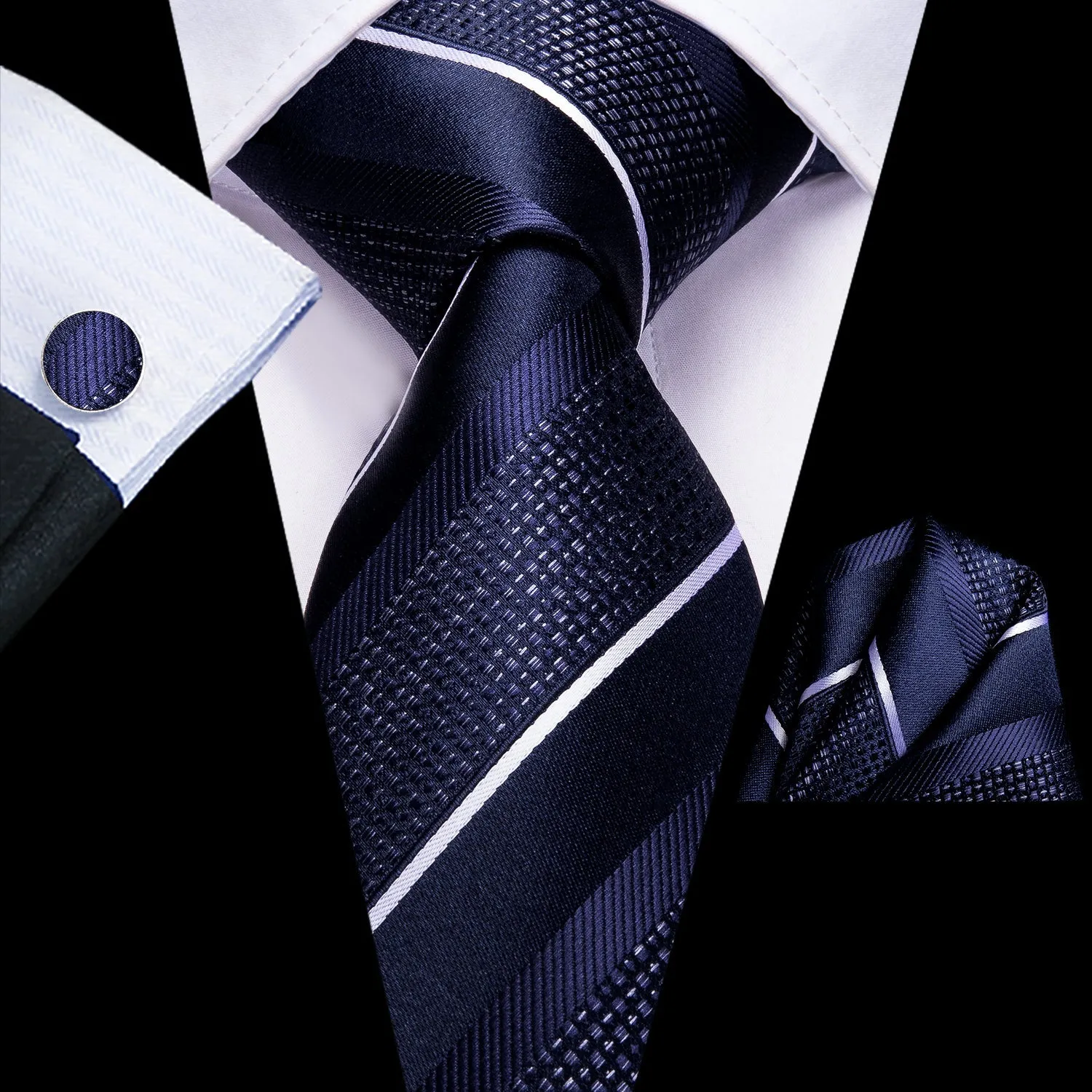 Deep Blue White Striped Tie Pocket Square Cufflinks Set with Wedding Brooch