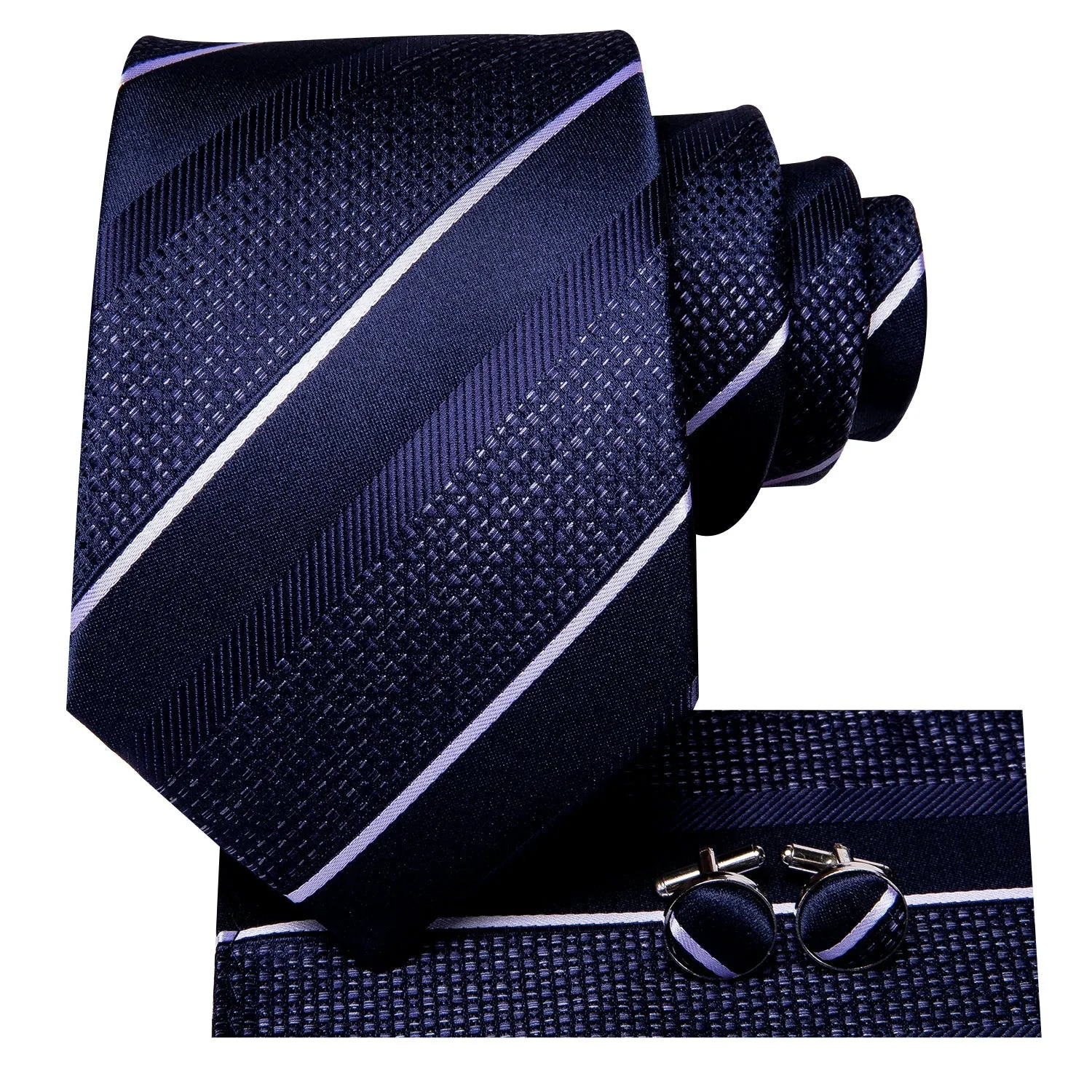 Deep Blue White Striped Tie Pocket Square Cufflinks Set with Wedding Brooch