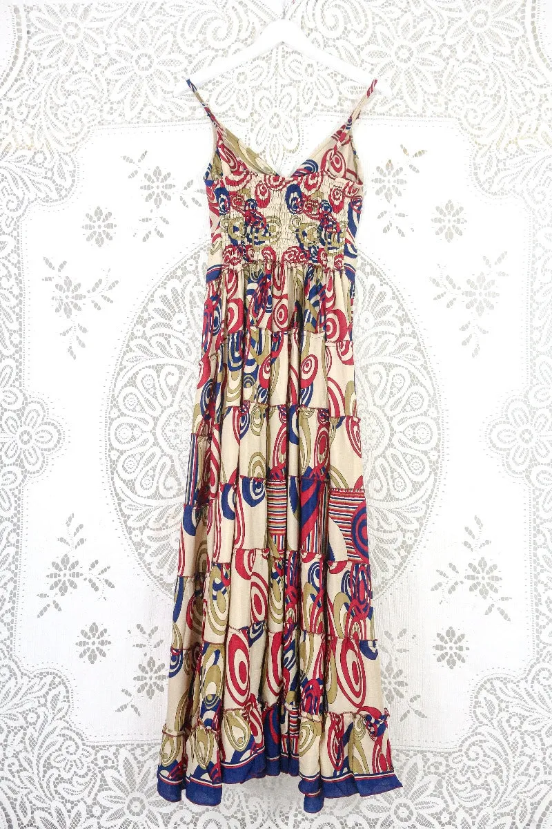 Delilah Maxi Dress - Beige with a Bold Graphic Print - Vintage Sari - Free Size M/L