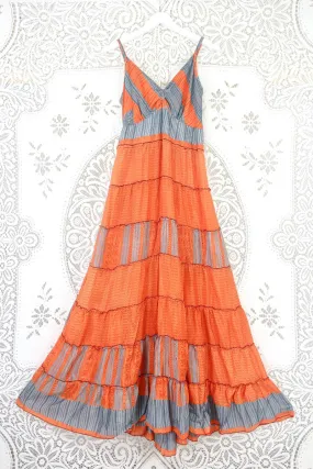 Delilah Maxi Dress - Bright Orange & Grey Stripes - Vintage Sari - Free Size L