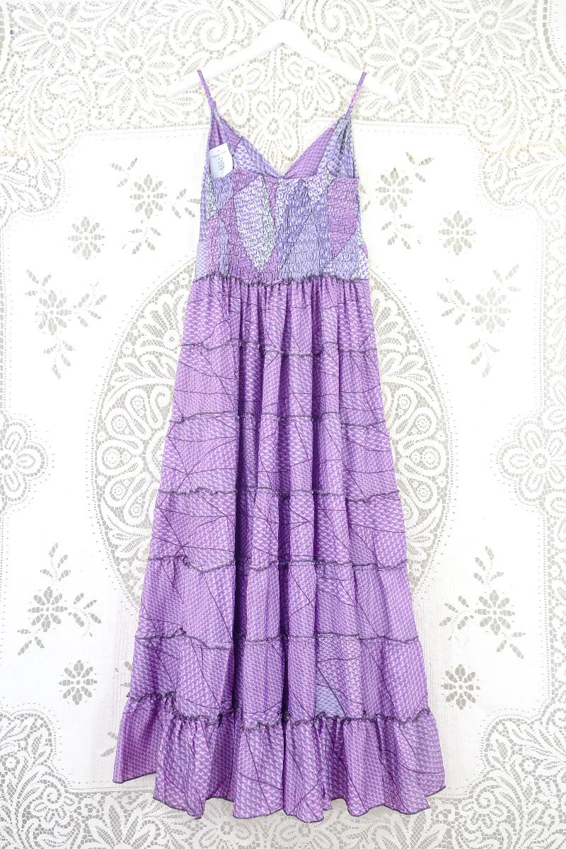 Delilah Maxi Dress - Lilac & Lavender Geometric Print - Vintage Sari - Free Size M/L