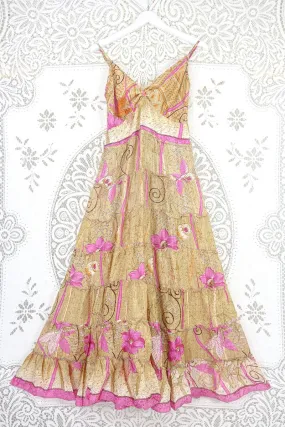 Delilah Maxi Dress - Sunny Beige & Magenta Floral - Vintage Sari - Free Size M/L