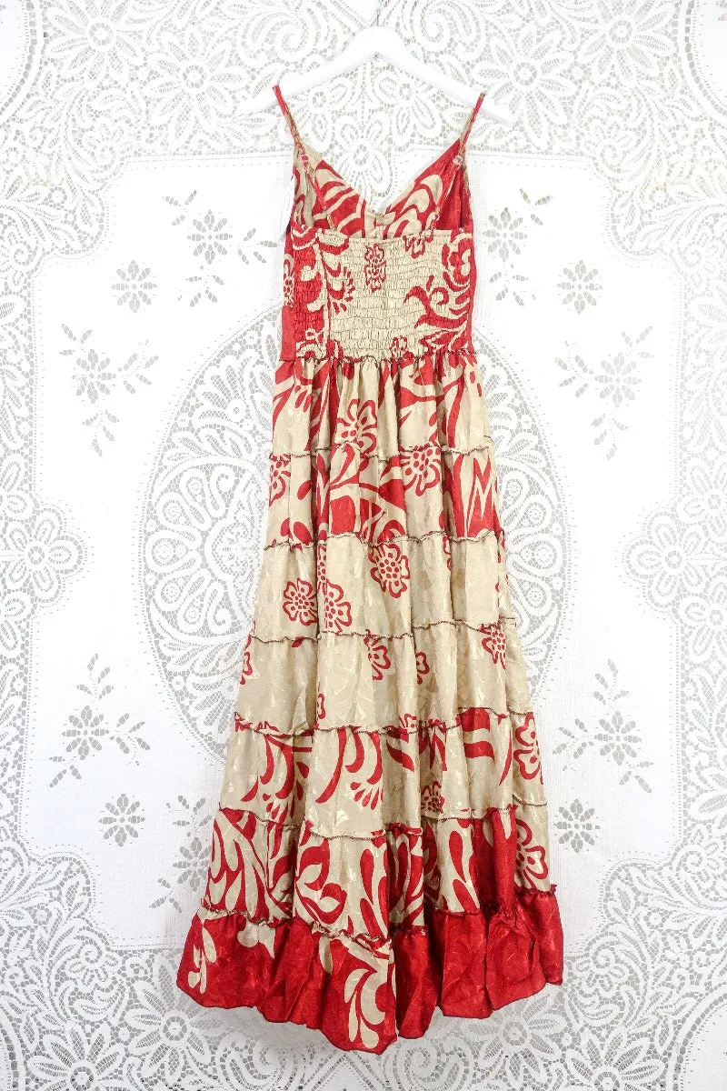 Delilah Maxi Dress - White Gold & Ruby Art Deco Jacquard - Vintage Sari - Free Size M/L