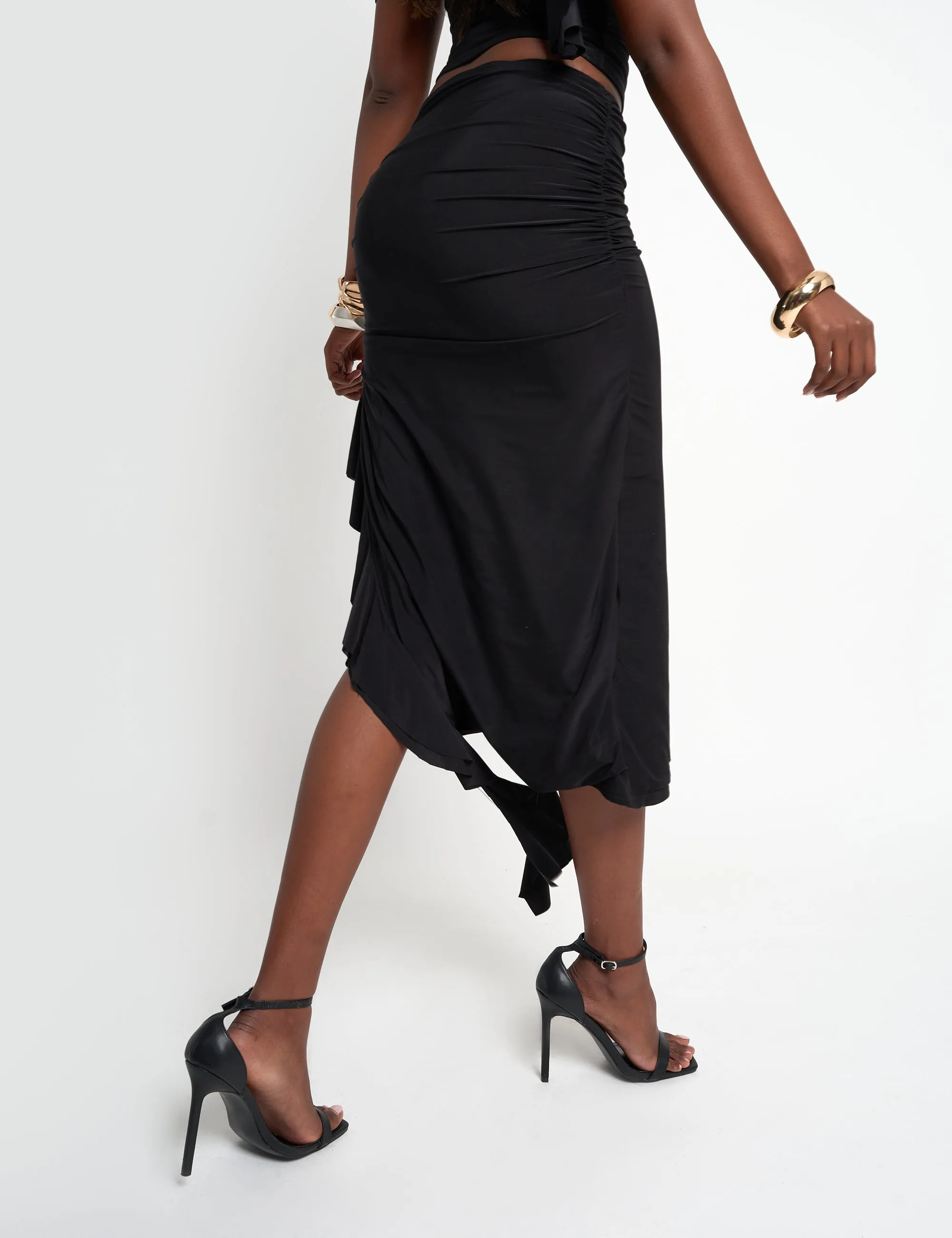 Drape Detail Luxe Slinky Maxi Skirt Black