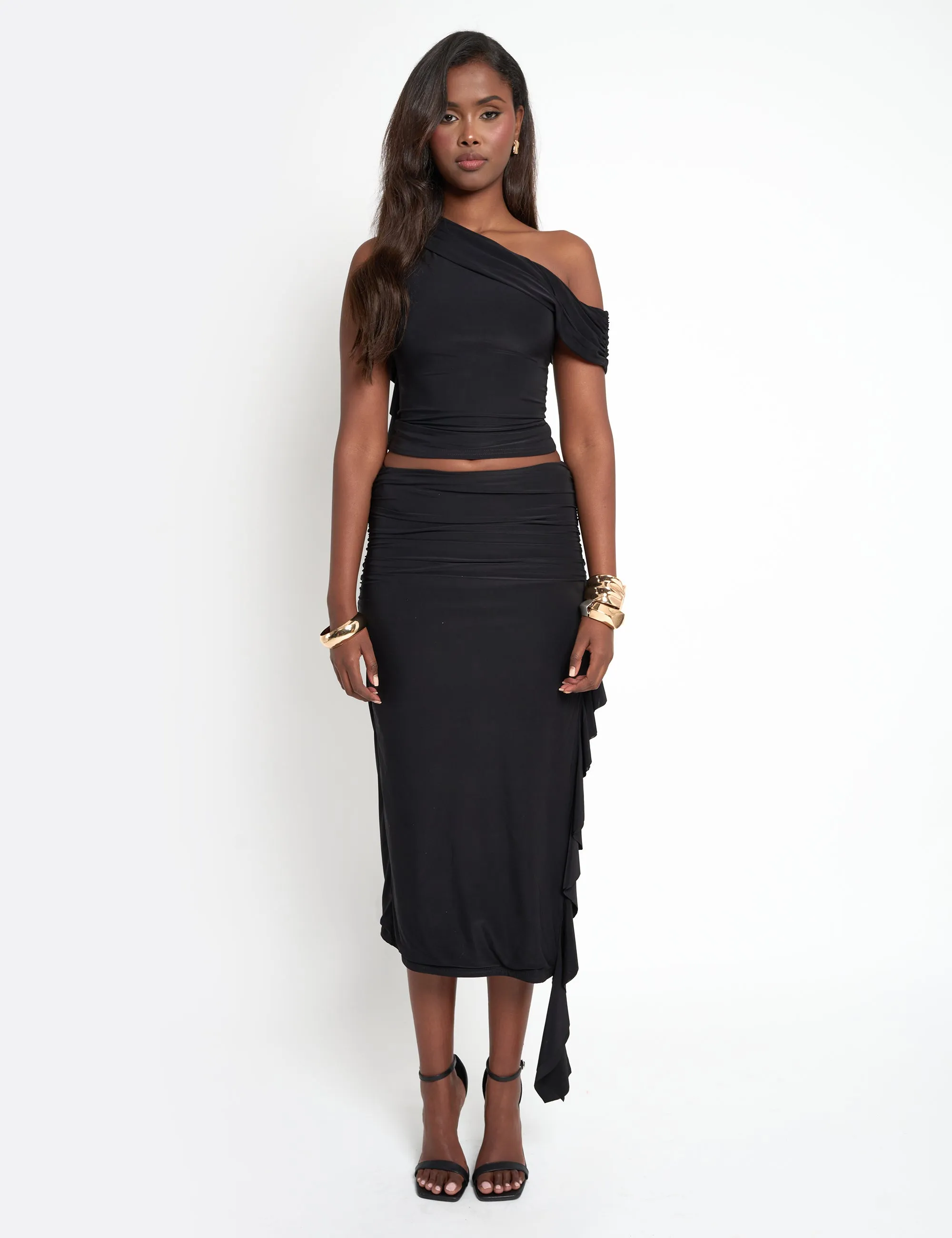 Drape Detail Luxe Slinky Maxi Skirt Black