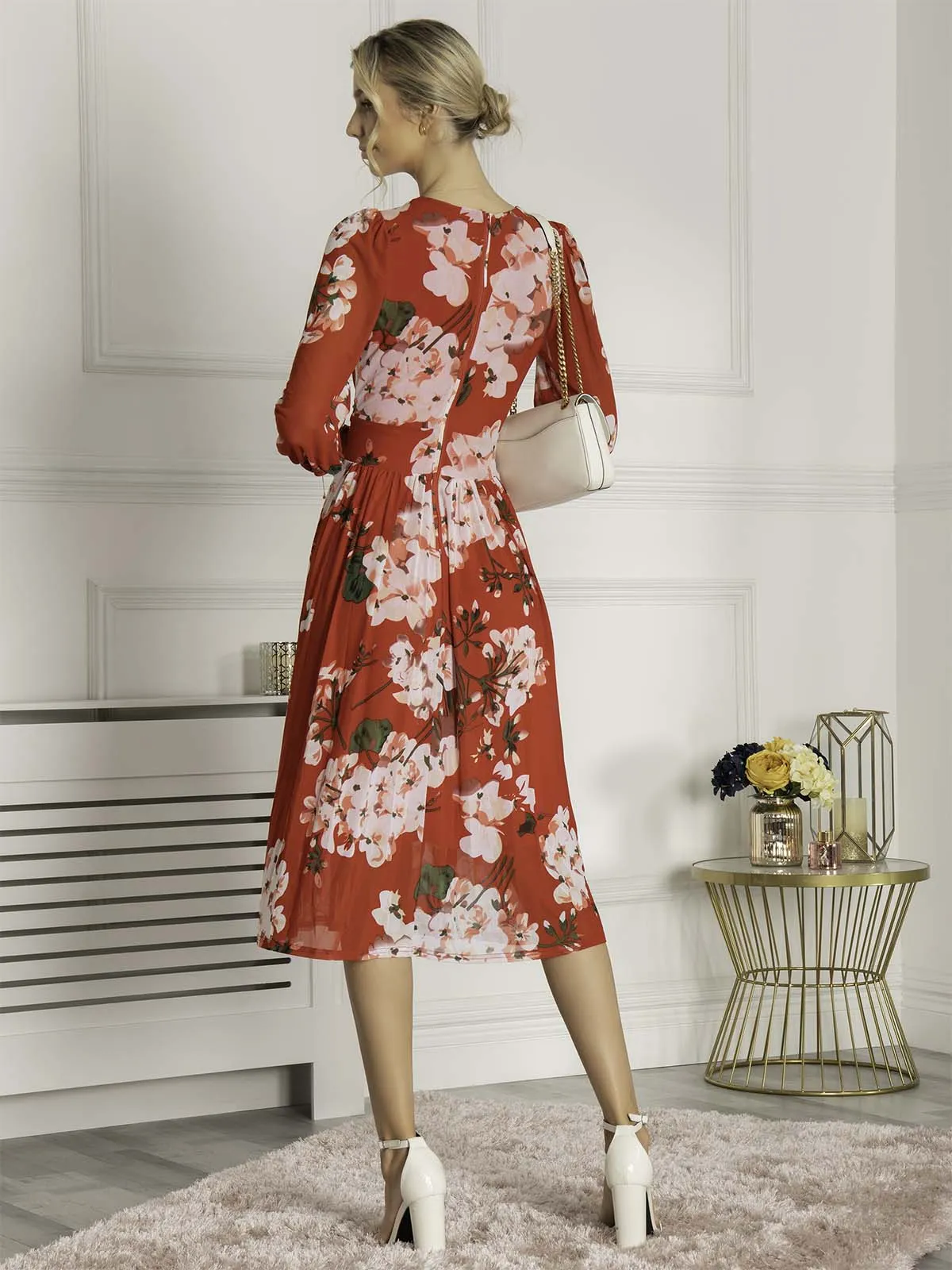 Eileen Long Sleeve Mesh Dress, Red Floral