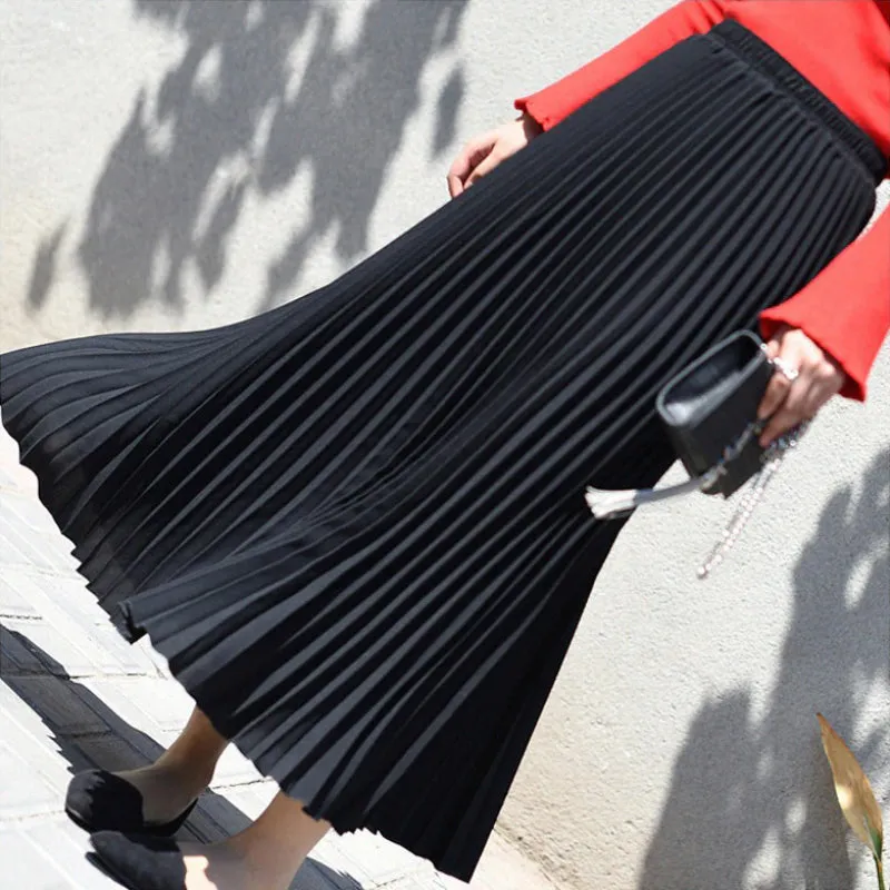 Elegant Solid-color Accordion Maxi Skirts