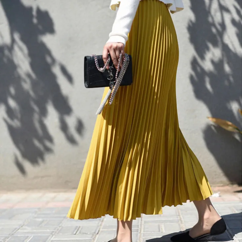 Elegant Solid-color Accordion Maxi Skirts