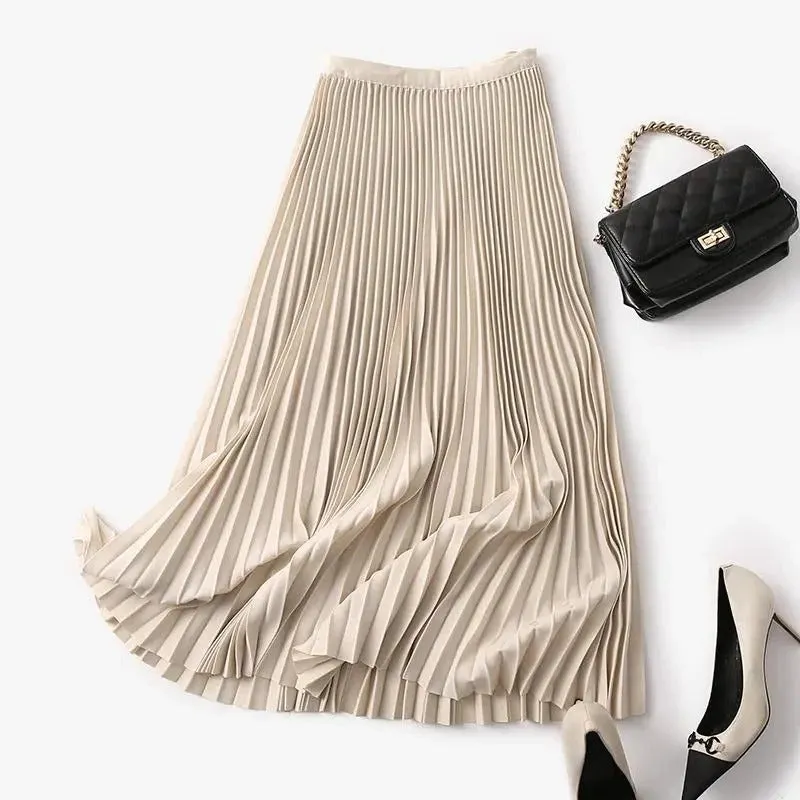 Elegant Solid Color Elastic High Waist Pleated A-Line Mid-Calf Skirts