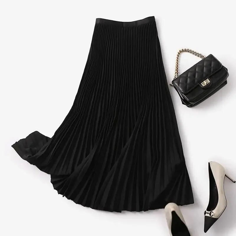 Elegant Solid Color Elastic High Waist Pleated A-Line Mid-Calf Skirts