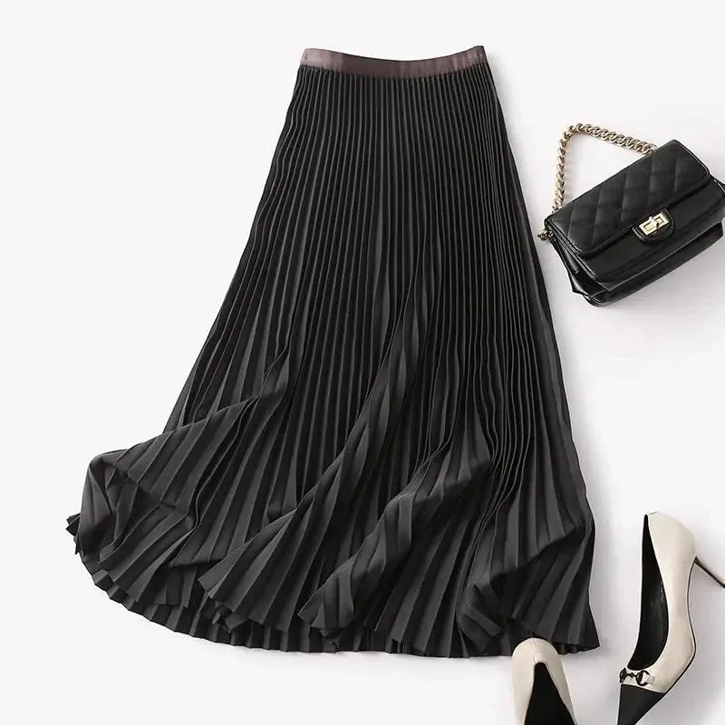 Elegant Solid Color Elastic High Waist Pleated A-Line Mid-Calf Skirts