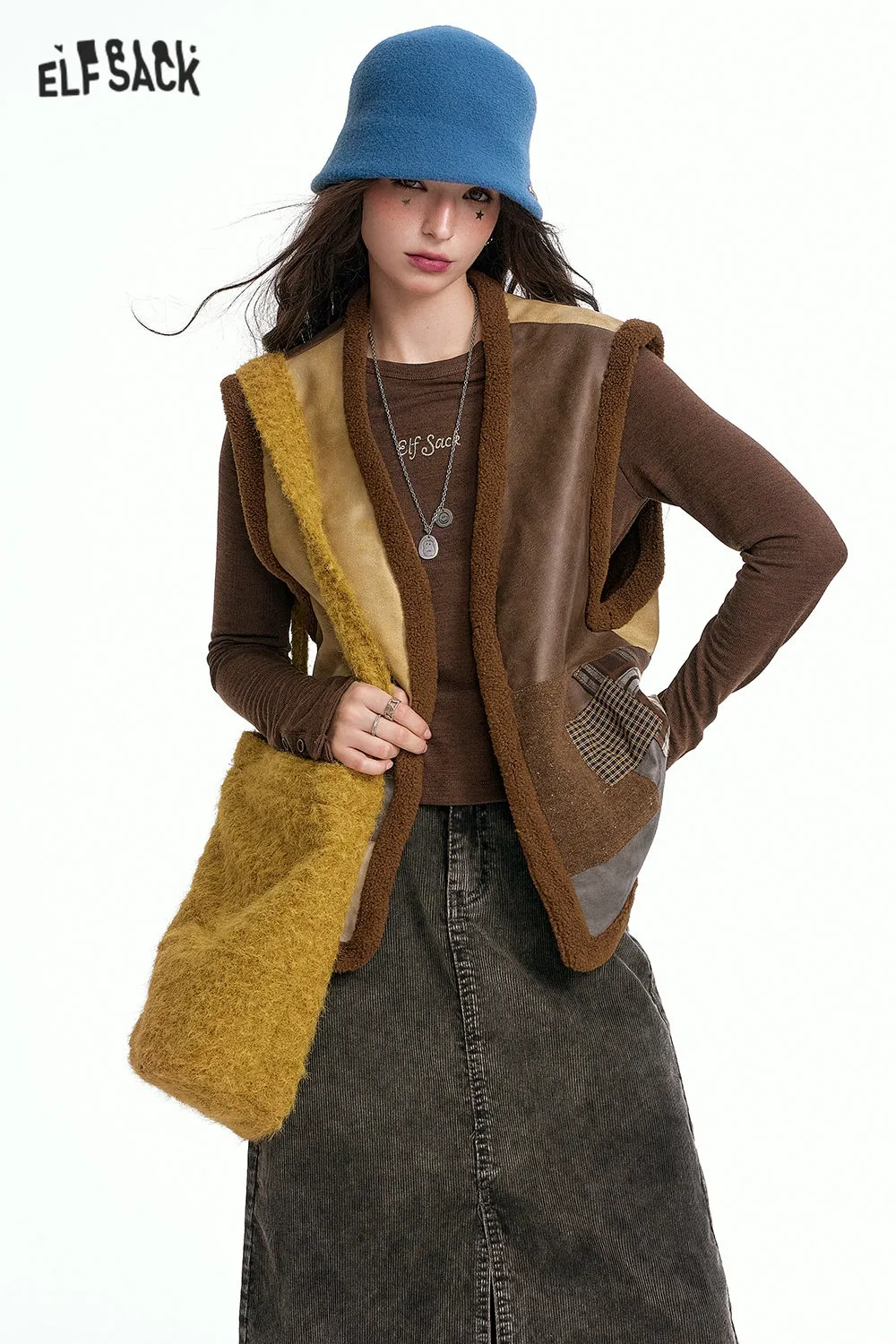 ELFSACK 2024 Autumn New Arrivals Retro Color Block PU Leather Vest for Women Plush Layering Gilet