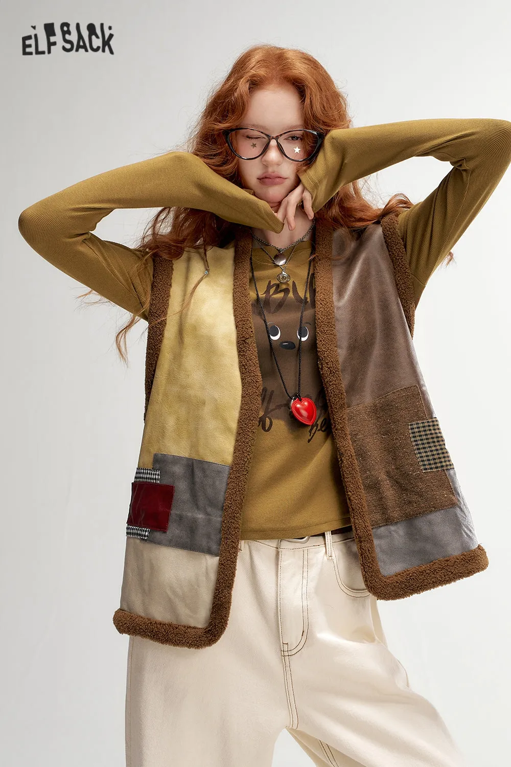 ELFSACK 2024 Autumn New Arrivals Retro Color Block PU Leather Vest for Women Plush Layering Gilet