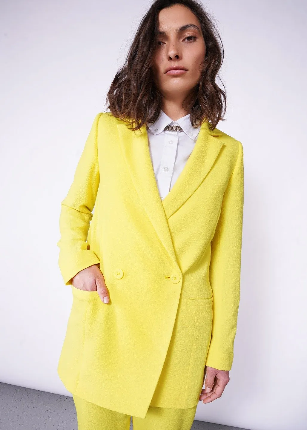 Empower Crepe Double Breasted Blazer in Lemon