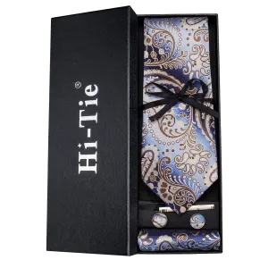 Essential Brown Paisley Tie Pocket Square Cufflinks Set Gift Box Set