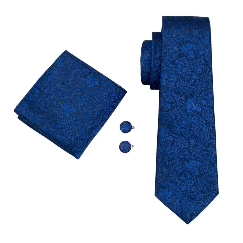 Fanstastic Blue Paisley Tie Pocket Square Cufflinks Set Gift Box Set