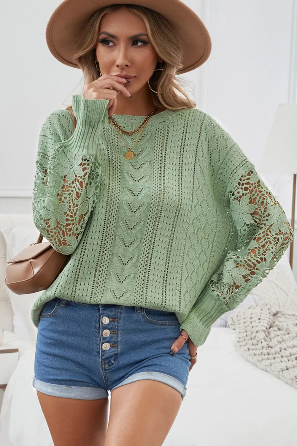 Fashion Sweater Women's Casual Openwork Lantern Sleeve Dropped Shoulder Sweater