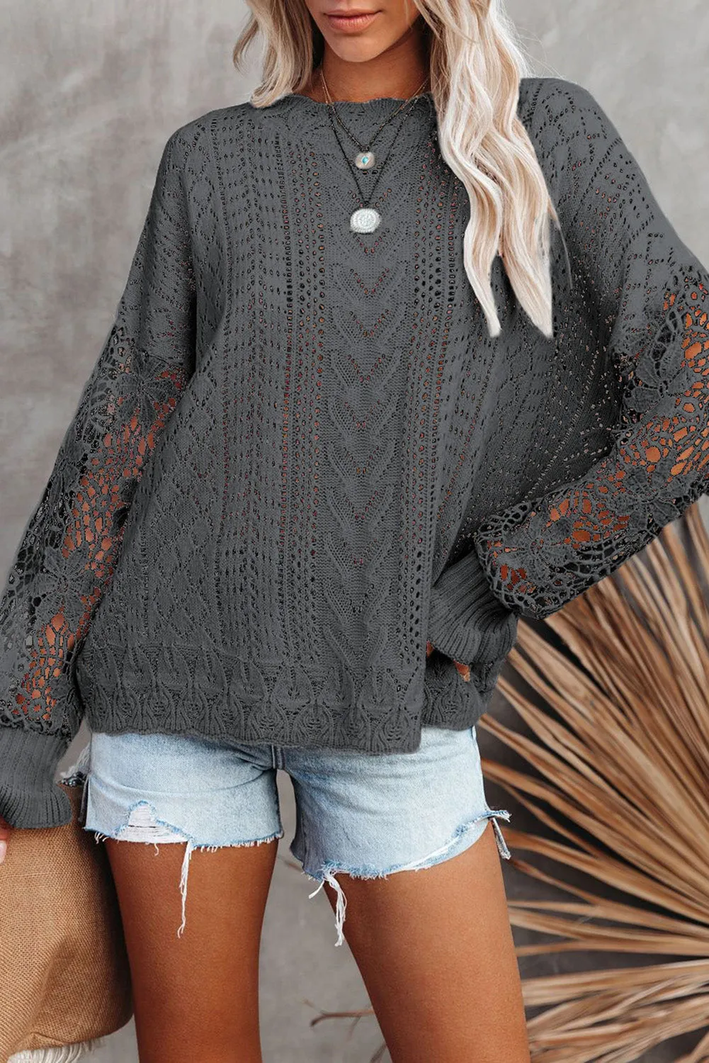 Fashion Sweater Women's Casual Openwork Lantern Sleeve Dropped Shoulder Sweater