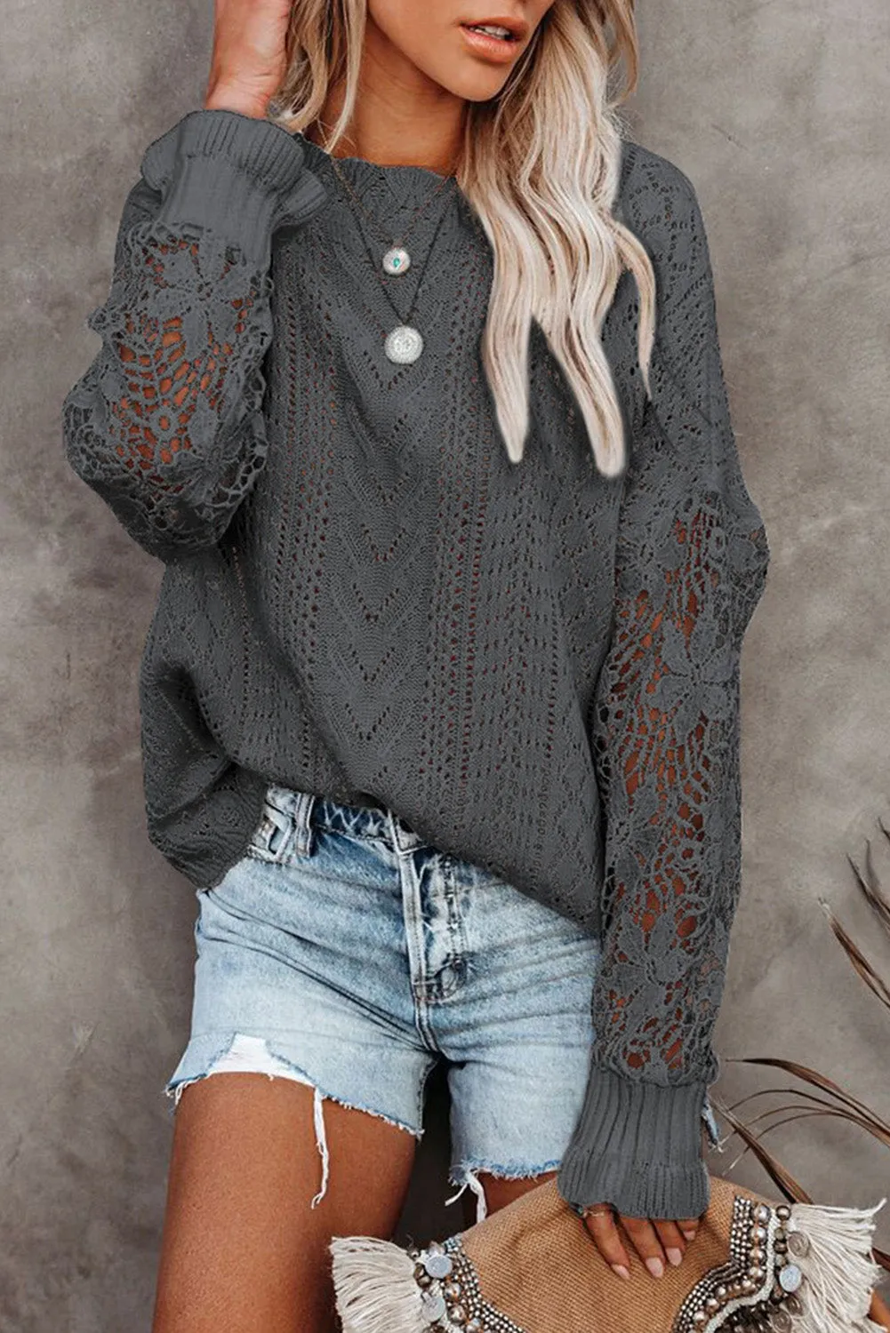 Fashion Sweater Women's Casual Openwork Lantern Sleeve Dropped Shoulder Sweater